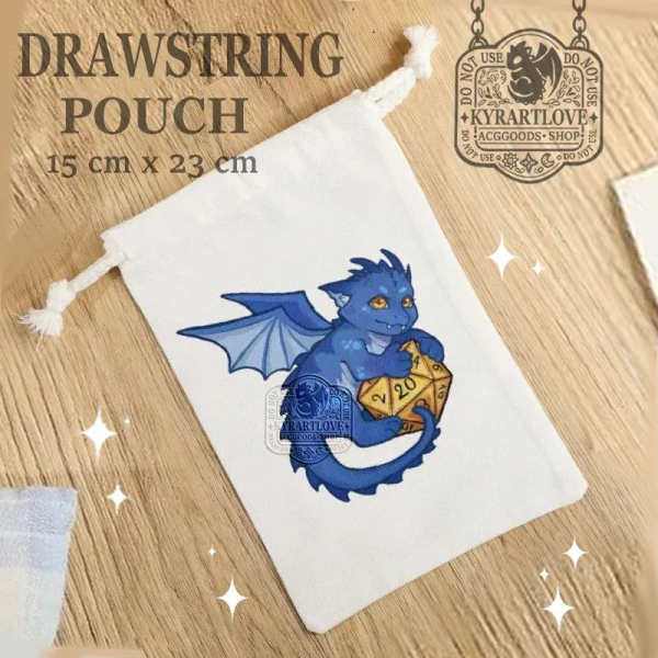 Blue Dragon Fantasy d20 dice Drawstring Pouch