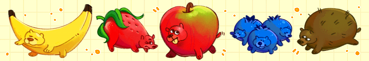 Fruit Bear Burrows-Home to the beloved fruit bears! You can adopt your very own fruit bear in the form of keychains, stickers, and prints.