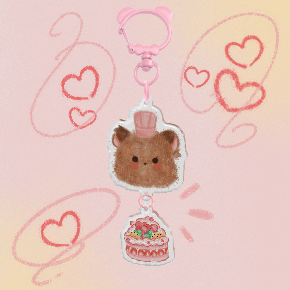 Straberry Cake Grizzly Bear - Epoxy Acrylic Keychain
