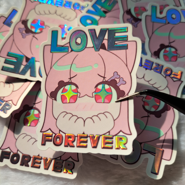 "LOVE FOREVER" hot foil stamped die-cut sticker