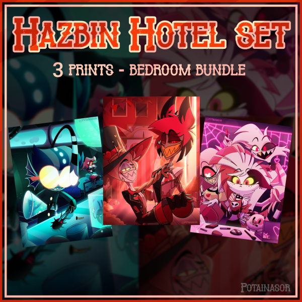 Hazbin Hotel 🔥😈- bedroom set 3 prints | Lucifer, Alastor, Crymini, Baxter, Angel Dust, Cherry Bomb, Nifty | Potainasor 🖤✨️❤️