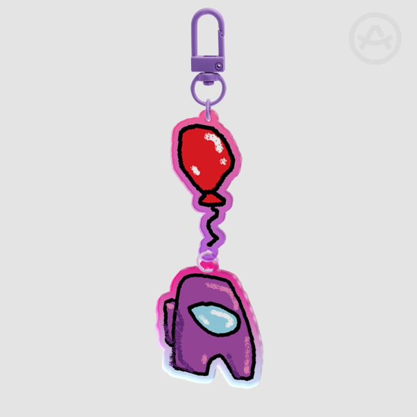 Funny Amogus MSPaint connecting keychain, purple with balloon