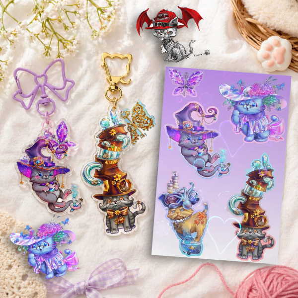 Set 2 keychains, 2 stickers and 1 sticker sheet -cats with hats