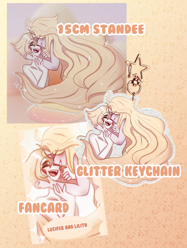 LuciLith lucifer and lilith bundle - hazbin hotel standee , fancard and keychain