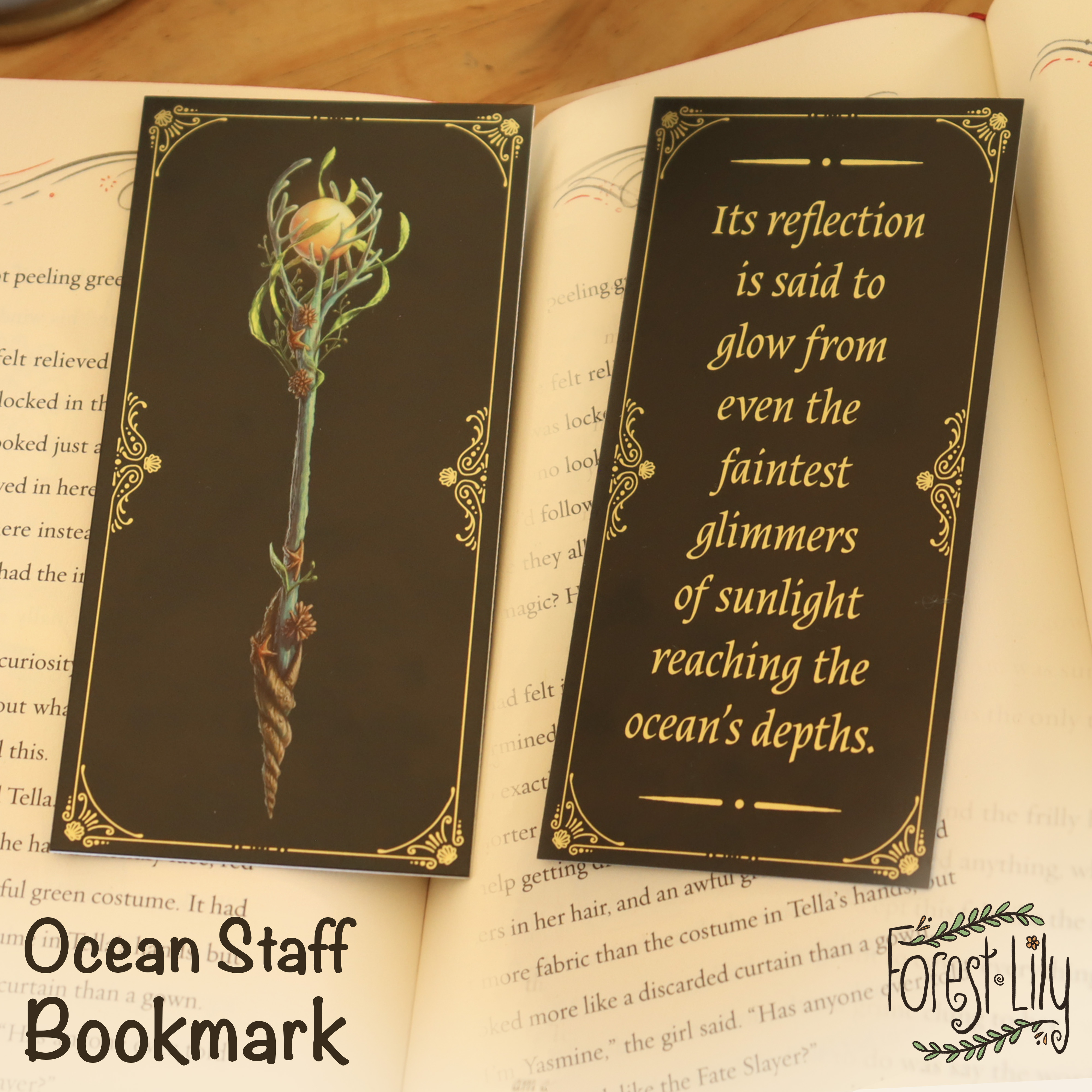 Fantasy Bookmark Ocean Magic Staff Illustration with Flavour Quote