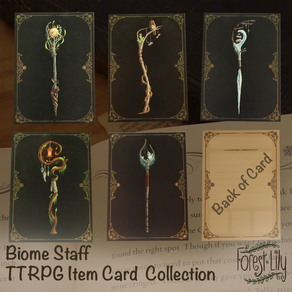 Fantasy Staff TTRPG Item Card Collection - 5 cards