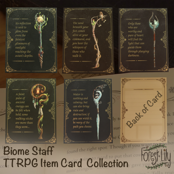 Fantasy Staff TTRPG Item Card Collection - 5 cards with flavour quotes