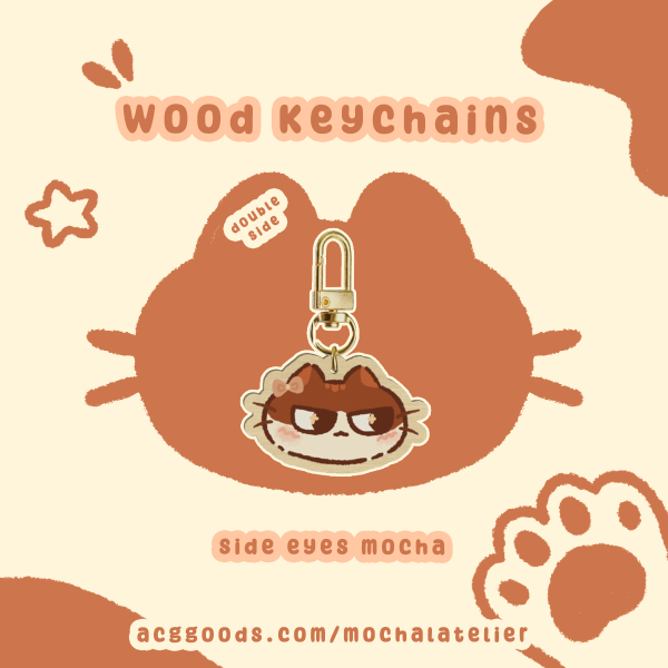 Mocha Cat Wood Keychain - Side Eyes