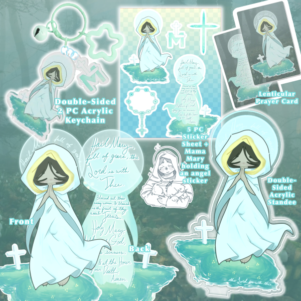 Mama Mary Set - Acrylic Standee, 2pc Keychain, Lenticular Prayer Card & 6 Stickers