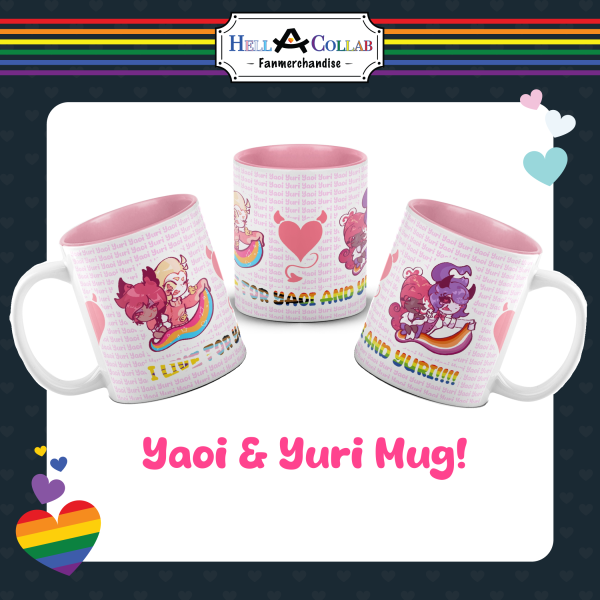 Alastor Lucifer Velvette and Melissa Yaoi vs Yuri! Hella-a-Collab Pride Collection Mug