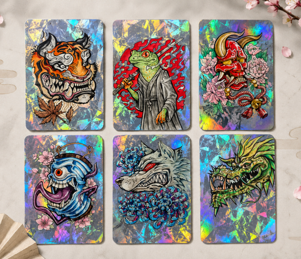 Set of 3 double sided holographic Photocards with Original Japanese designs painted by hand on paper